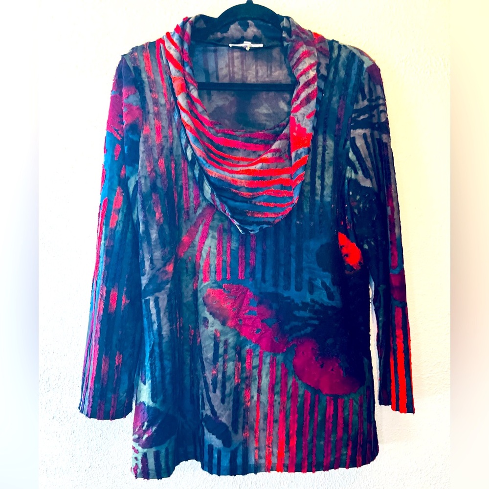 Violet Ruby Womens Sz L Blouse Top Multivolor Geometric Drape Neck Soft
